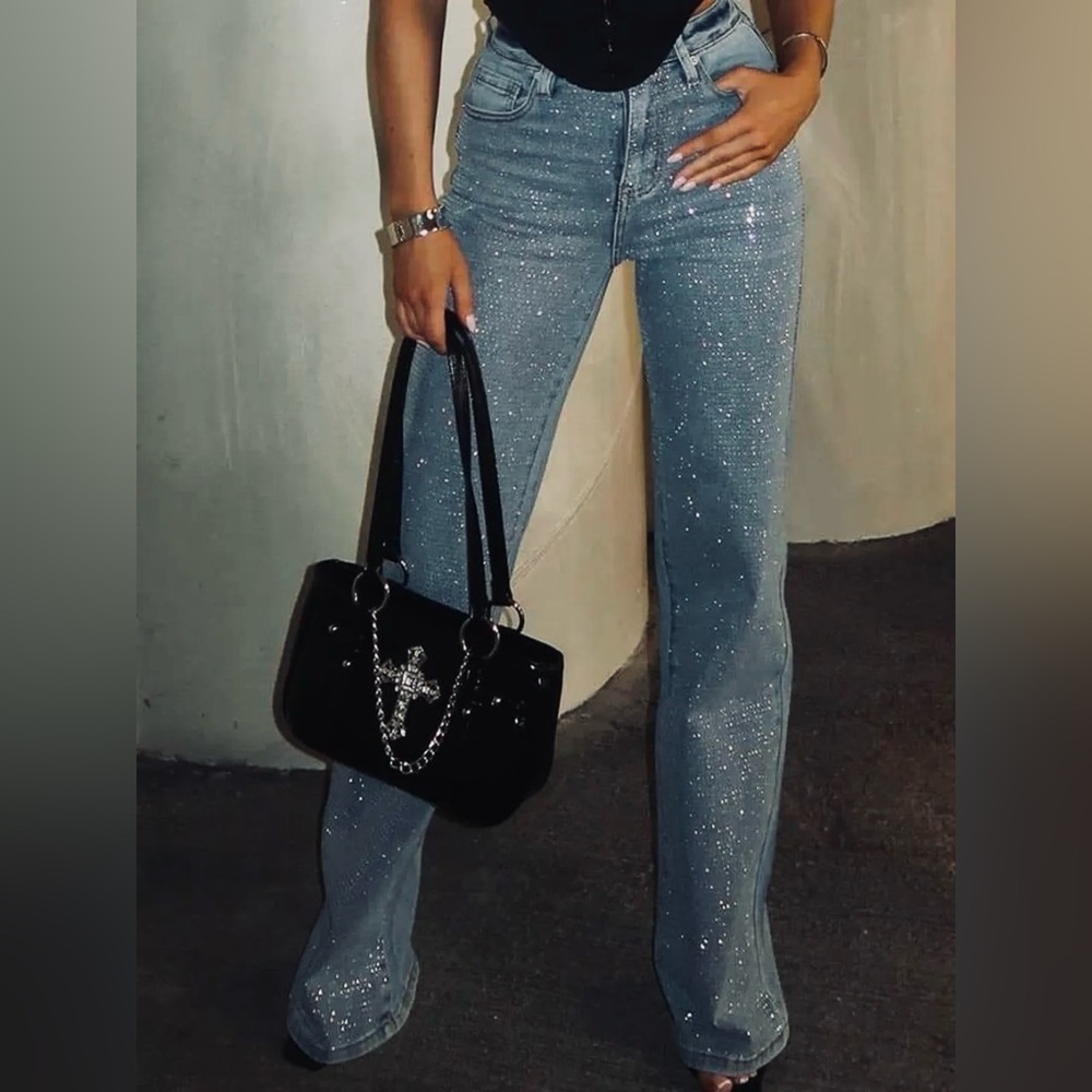 Zara ZW Collection Bootcut High Waist Rhinestone Sequin jeans
